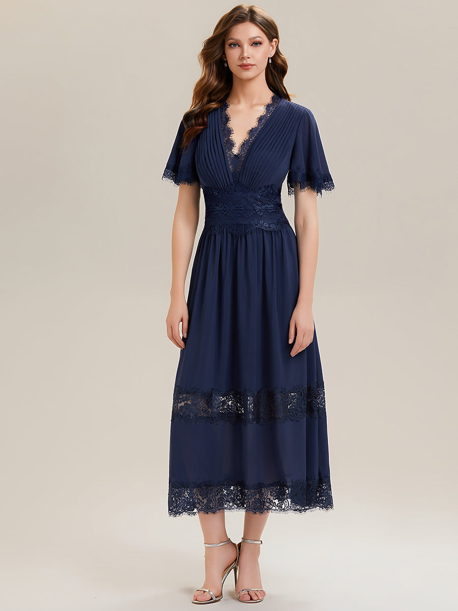 Color=Navy Blue | Bulk Order Short Sleeve Ruffle Pleated Deep V-Neck A-Line Midi Wedding Guest Dresses-Navy Blue 1