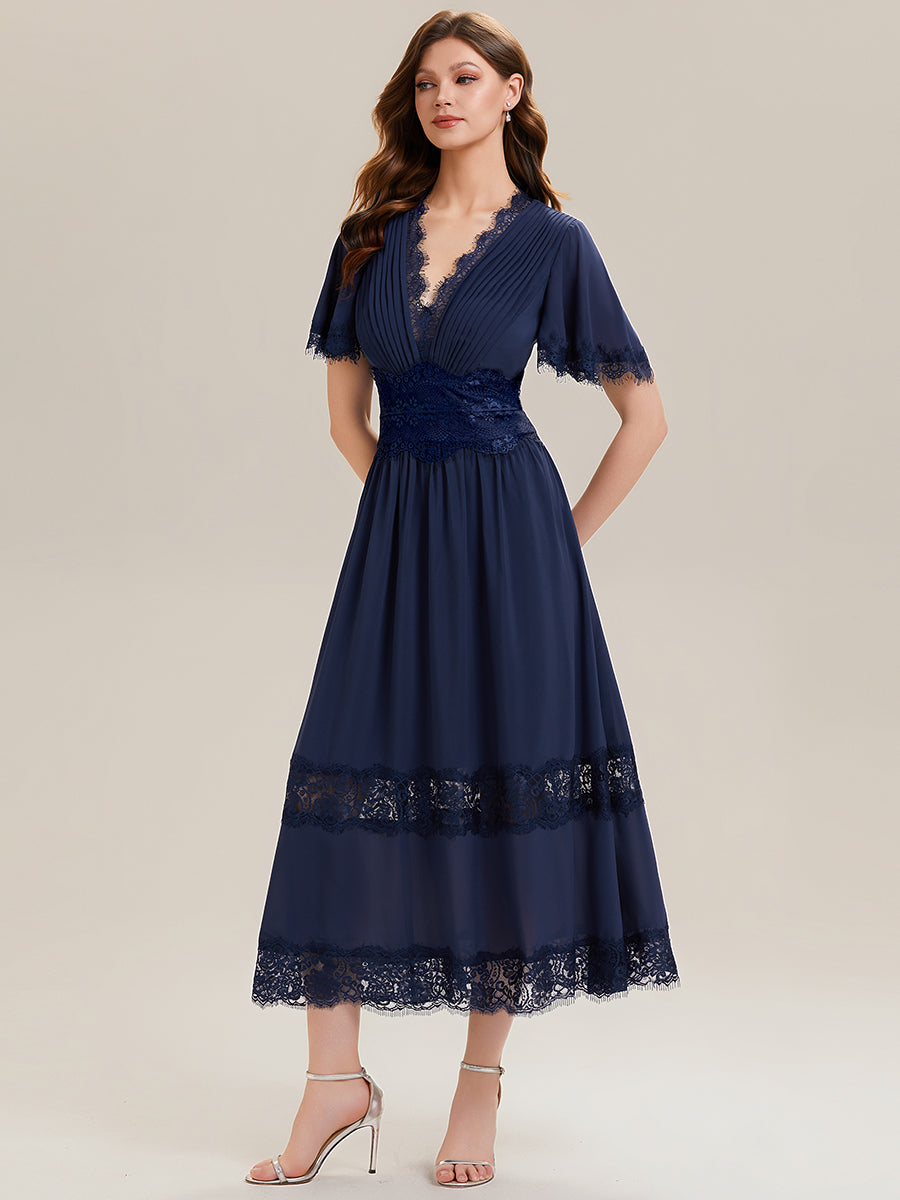 Color=Navy Blue | Bulk Order Short Sleeve Ruffle Pleated Deep V-Neck A-Line Midi Wedding Guest Dresses-Navy Blue 5