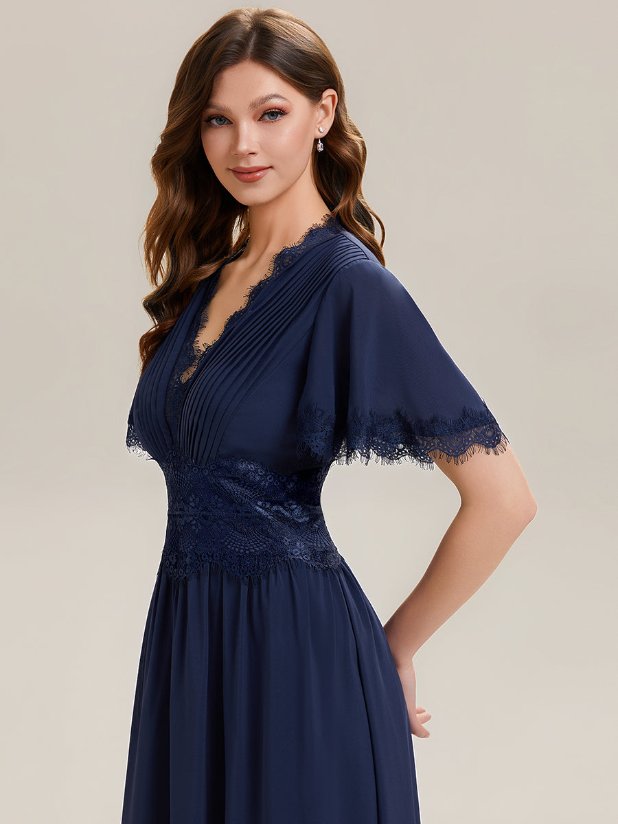 Color=Navy Blue | Bulk Order Short Sleeve Ruffle Pleated Deep V-Neck A-Line Midi Wedding Guest Dresses-Navy Blue 3