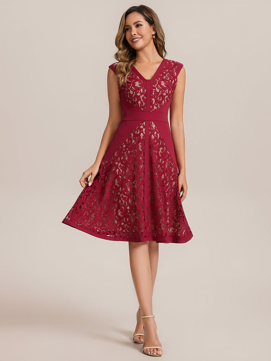 Color=Dark Red | Industrial Use Strapless V-Neck High Stretch A-Line Midi Wedding Guest Dresses-Dark Red 1