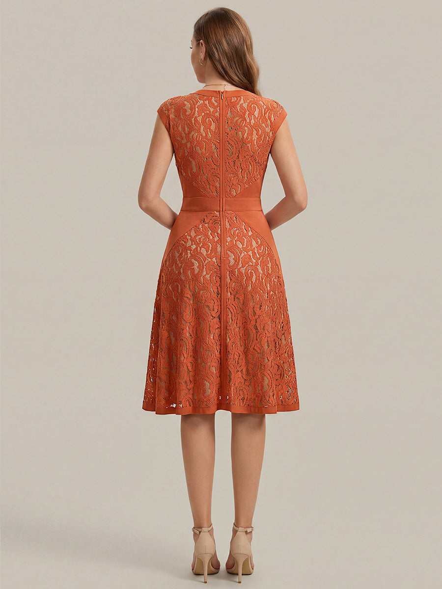 Color=Burnt Orange | Fast Delivery Strapless Deep V-Neck Contrast Color A-Line Midi Wedding Guest Dresses-Burnt Orange 2
