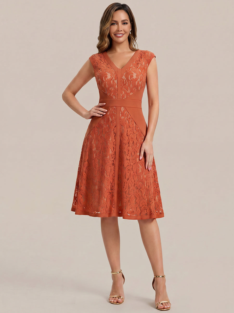 Color=Burnt Orange | Fast Delivery Strapless Deep V-Neck Contrast Color A-Line Midi Wedding Guest Dresses-Burnt Orange 6