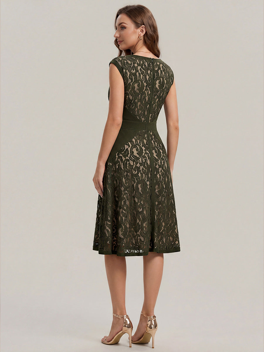 Color=Olive Green | Fast Delivery Strapless Deep V-Neck Contrast Color A-Line Midi Wedding Guest Dresses-Olive Green 2