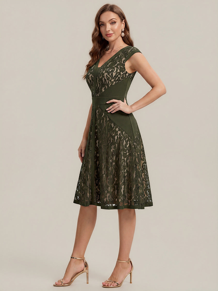 Color=Olive Green | Fast Delivery Strapless Deep V-Neck Contrast Color A-Line Midi Wedding Guest Dresses-Olive Green 4