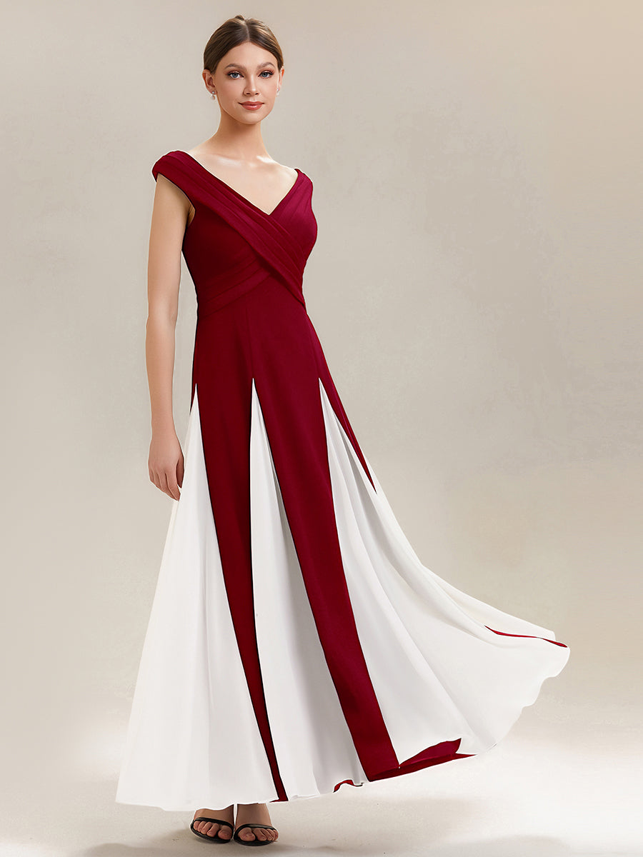 Color=Dark Red | Factory Design Short Sleeves V-Neck High Stretch A-Line Floor Length Wedding Guest Dresses-Dark Red 1