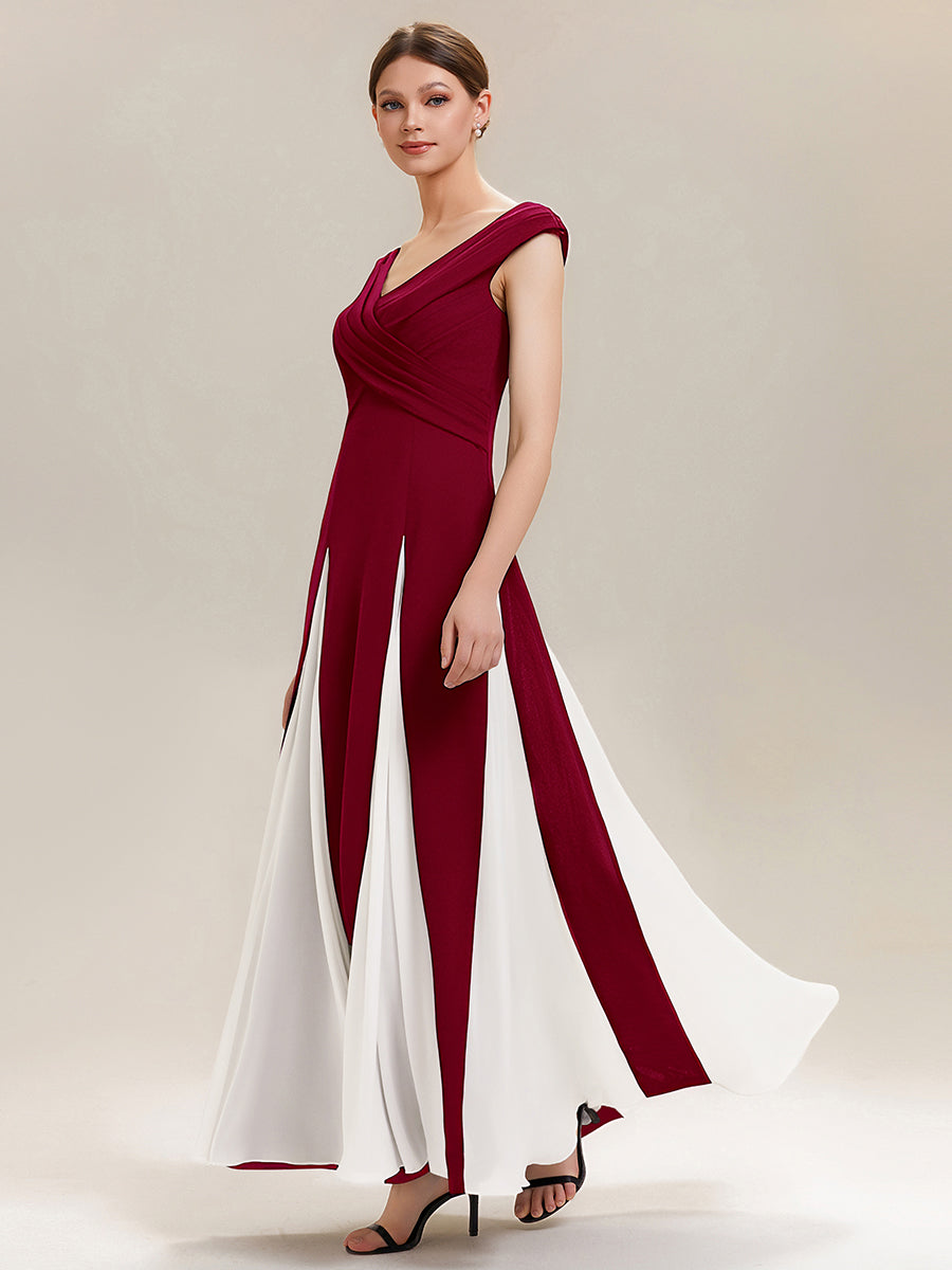 Color=Dark Red | Factory Design Short Sleeves V-Neck High Stretch A-Line Floor Length Wedding Guest Dresses-Dark Red 4