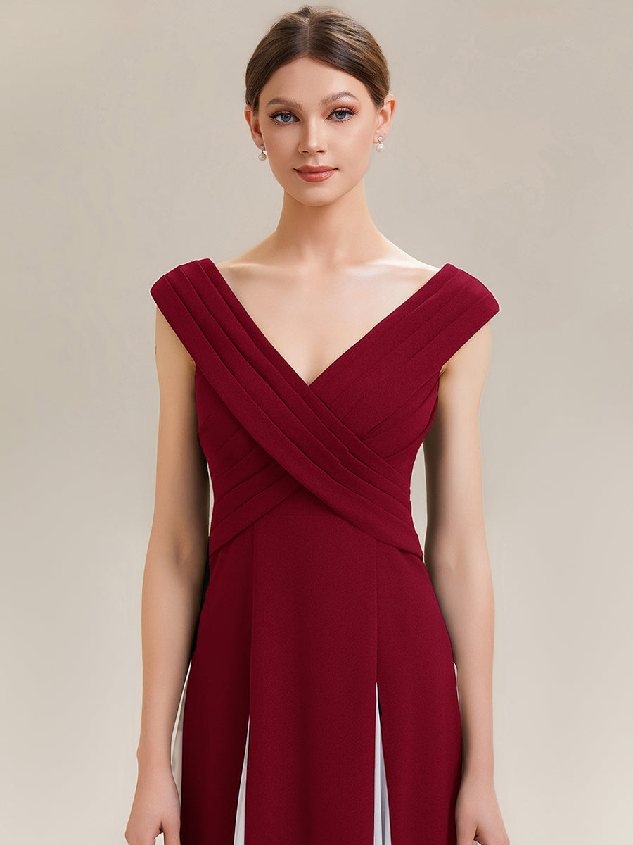 Color=Dark Red | Factory Design Short Sleeves V-Neck High Stretch A-Line Floor Length Wedding Guest Dresses-Dark Red 3