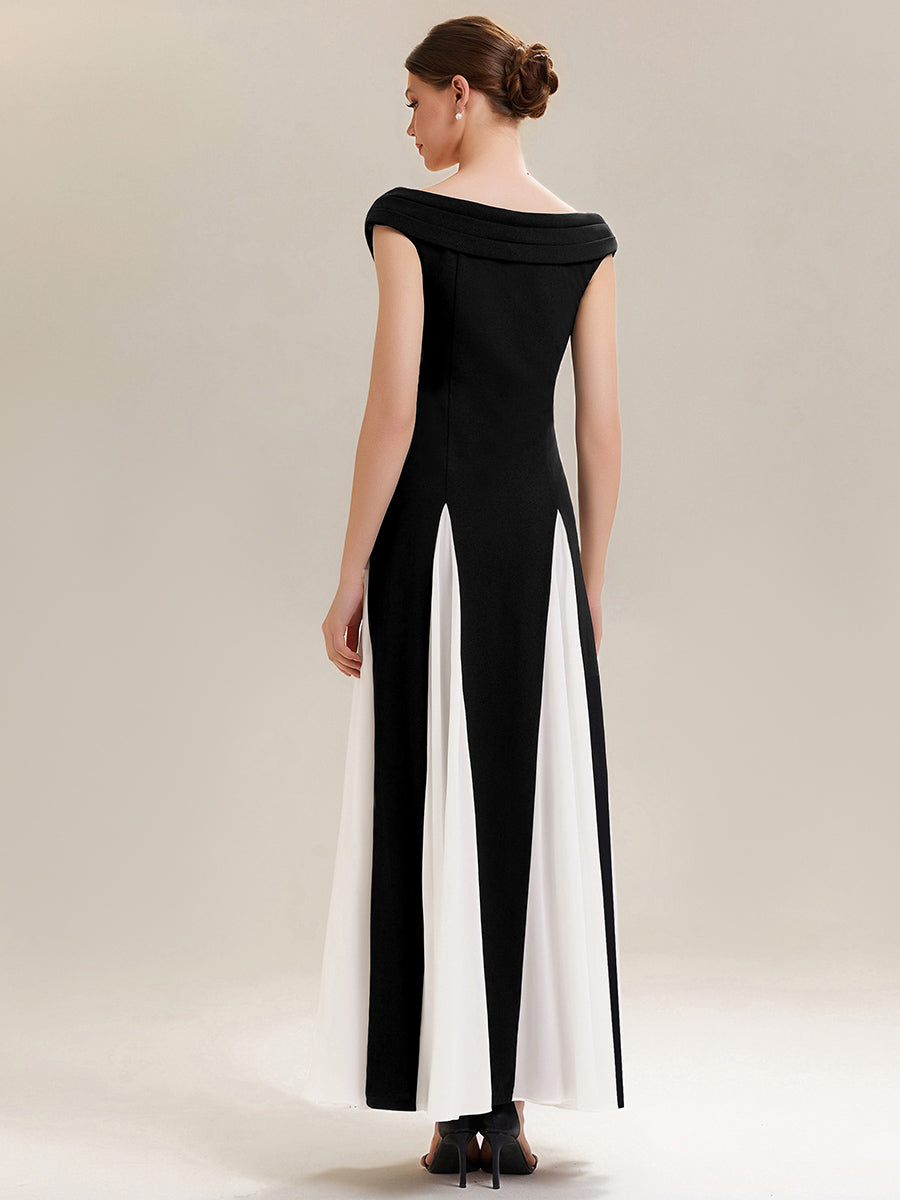 Color=Ivory-Black | Factory Design Short Sleeve V-Neck High Stretch A-Line Floor Length Wedding Guest Dresses-Ivory-Black 2