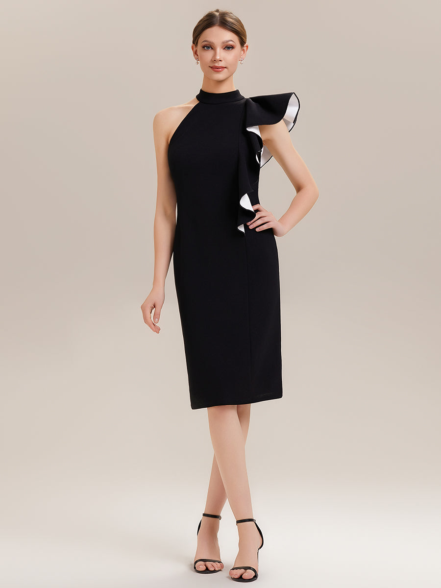 Color=Ivory-Black | Wholesale Strapless Ruffled High Stretch Sheath Round Neck Knee Length Wedding Guest Dresses-Ivory-Black 1