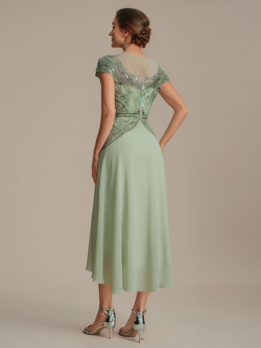 Color=Mint Green | One Stop Shop Short Sleeves High Stretch Sequin Boat Neck A-Line High-low Wedding Guest Dresses-Mint Green 2