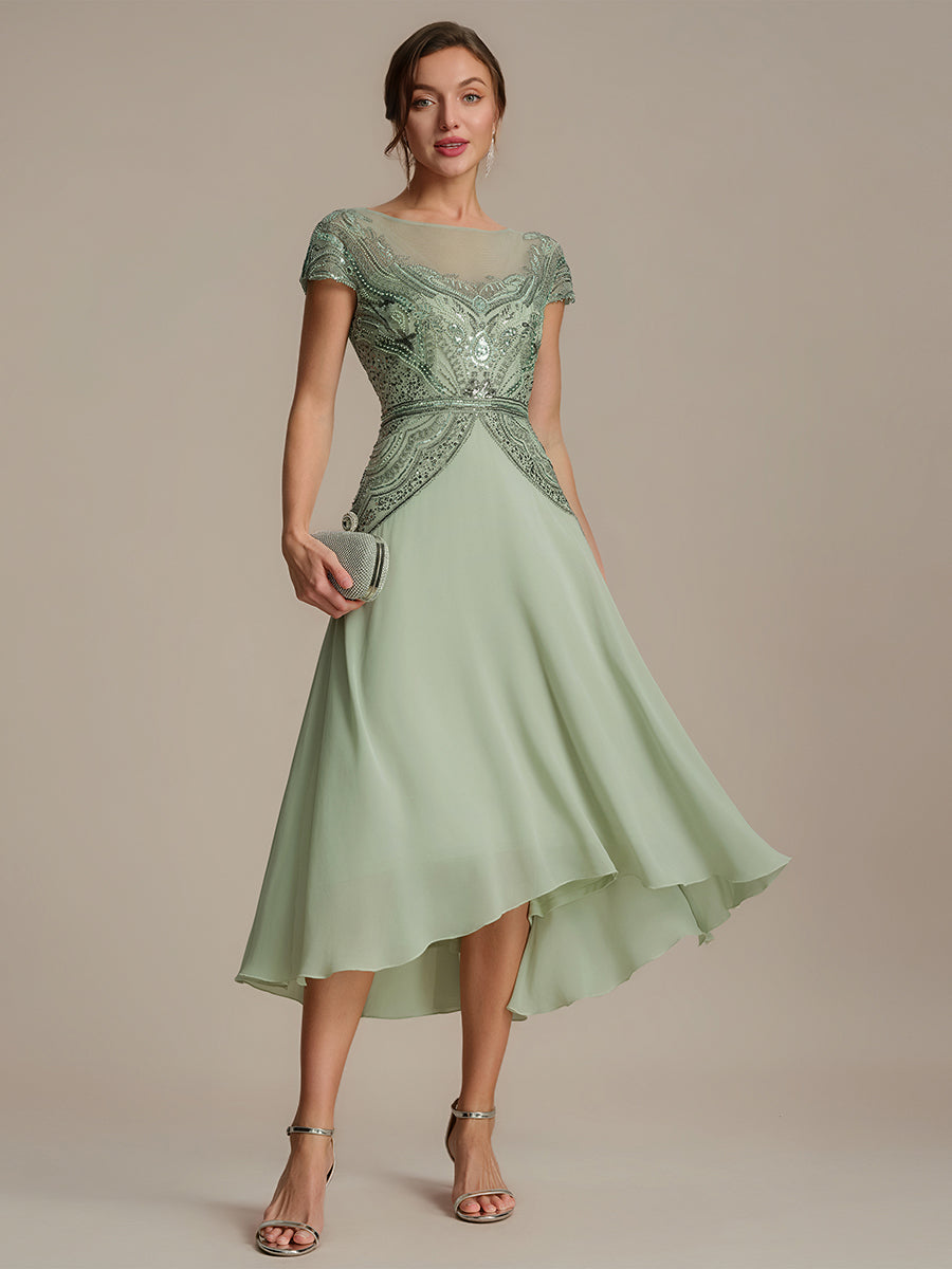 Color=Mint Green | One Stop Shop Short Sleeves High Stretch Sequin Boat Neck A-Line High-low Wedding Guest Dresses-Mint Green 3