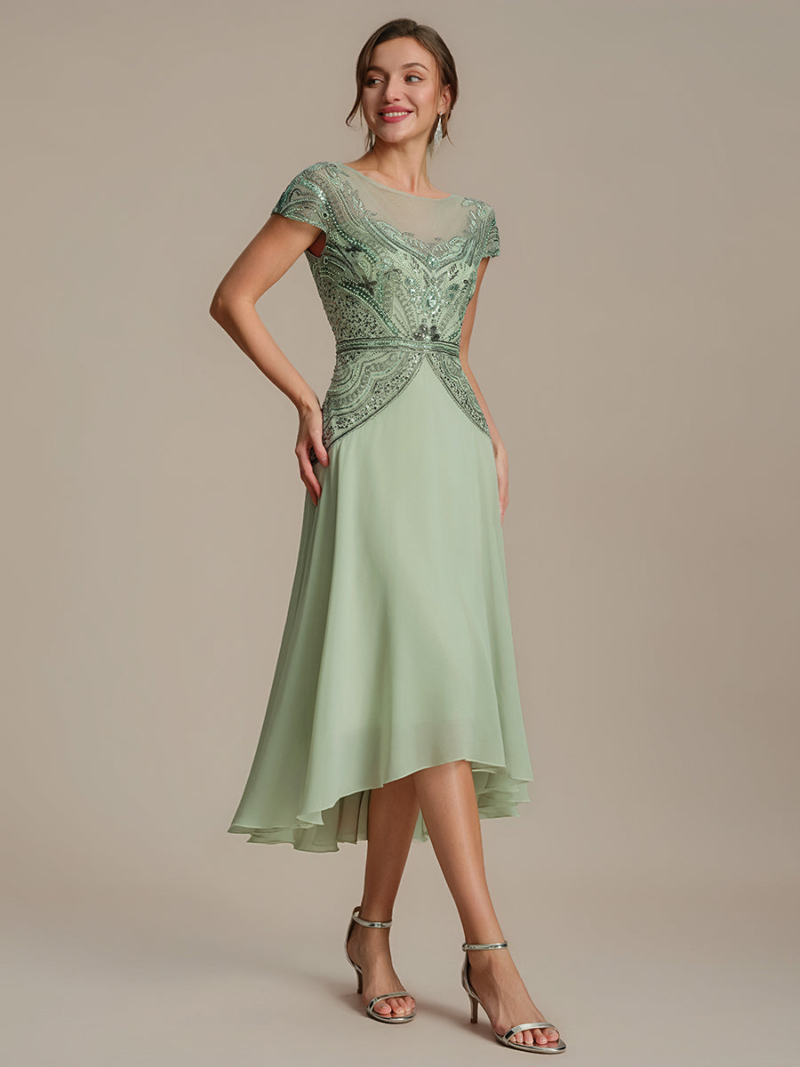 Color=Mint Green | One Stop Shop Short Sleeves High Stretch Sequin Boat Neck A-Line High-low Wedding Guest Dresses-Mint Green 4