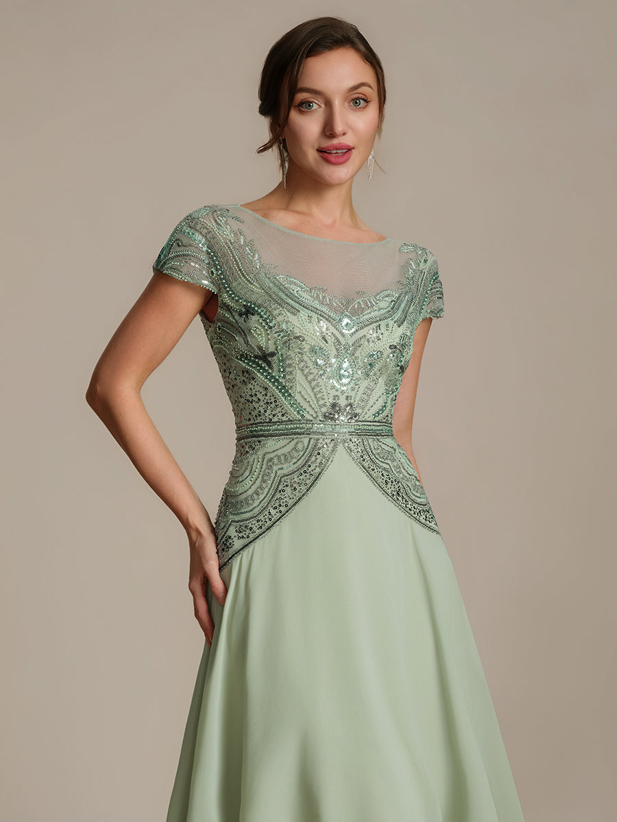 Color=Mint Green | One Stop Shop Short Sleeves High Stretch Sequin Boat Neck A-Line High-low Wedding Guest Dresses-Mint Green 5