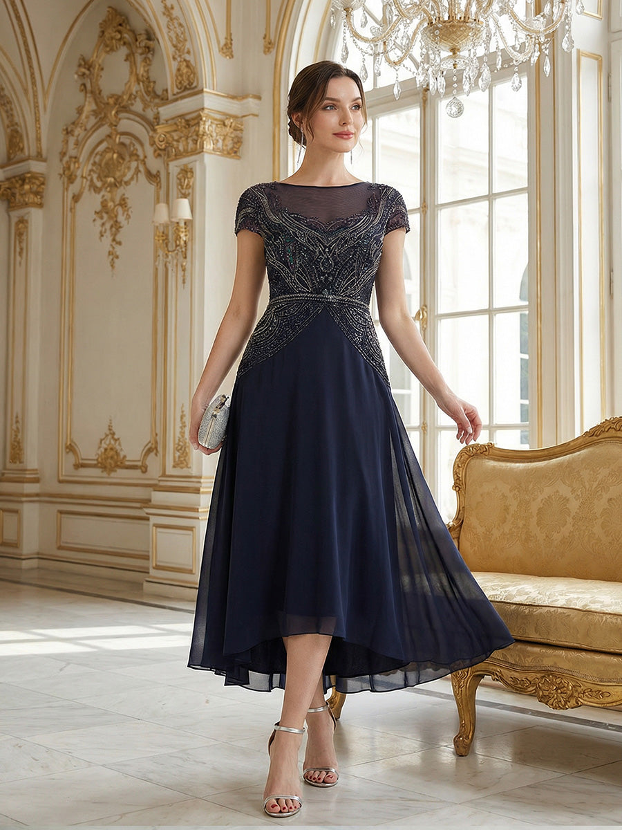 Color=Navy Blue | One Stop Shop Short Sleeves High Stretch Sequin Boat Neck A-Line High-low Wedding Guest Dresses-Navy Blue 8