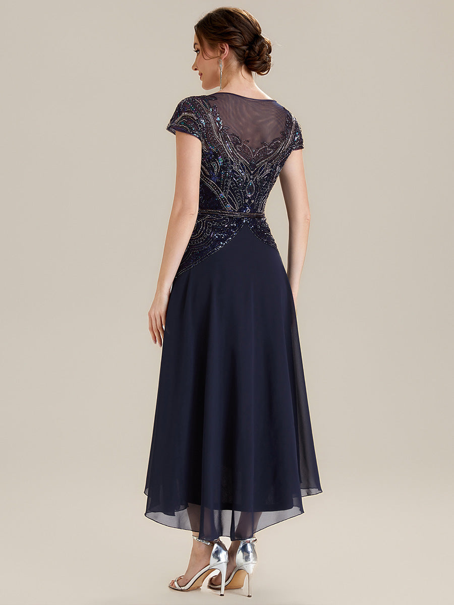Color=Navy Blue | One Stop Shop Short Sleeves High Stretch Sequin Boat Neck A-Line High-low Wedding Guest Dresses-Navy Blue 2