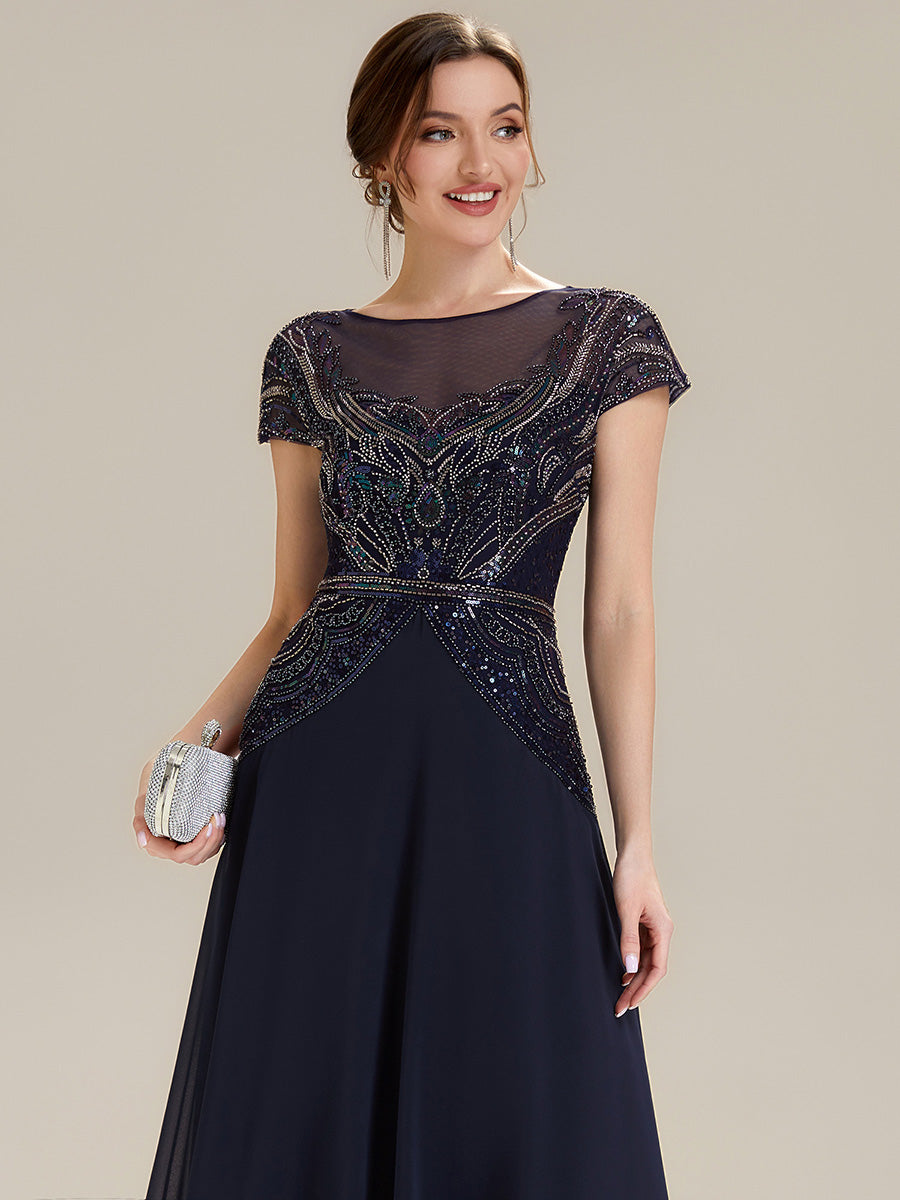 Color=Navy Blue | One Stop Shop Short Sleeves High Stretch Sequin Boat Neck A-Line High-low Wedding Guest Dresses-Navy Blue 3