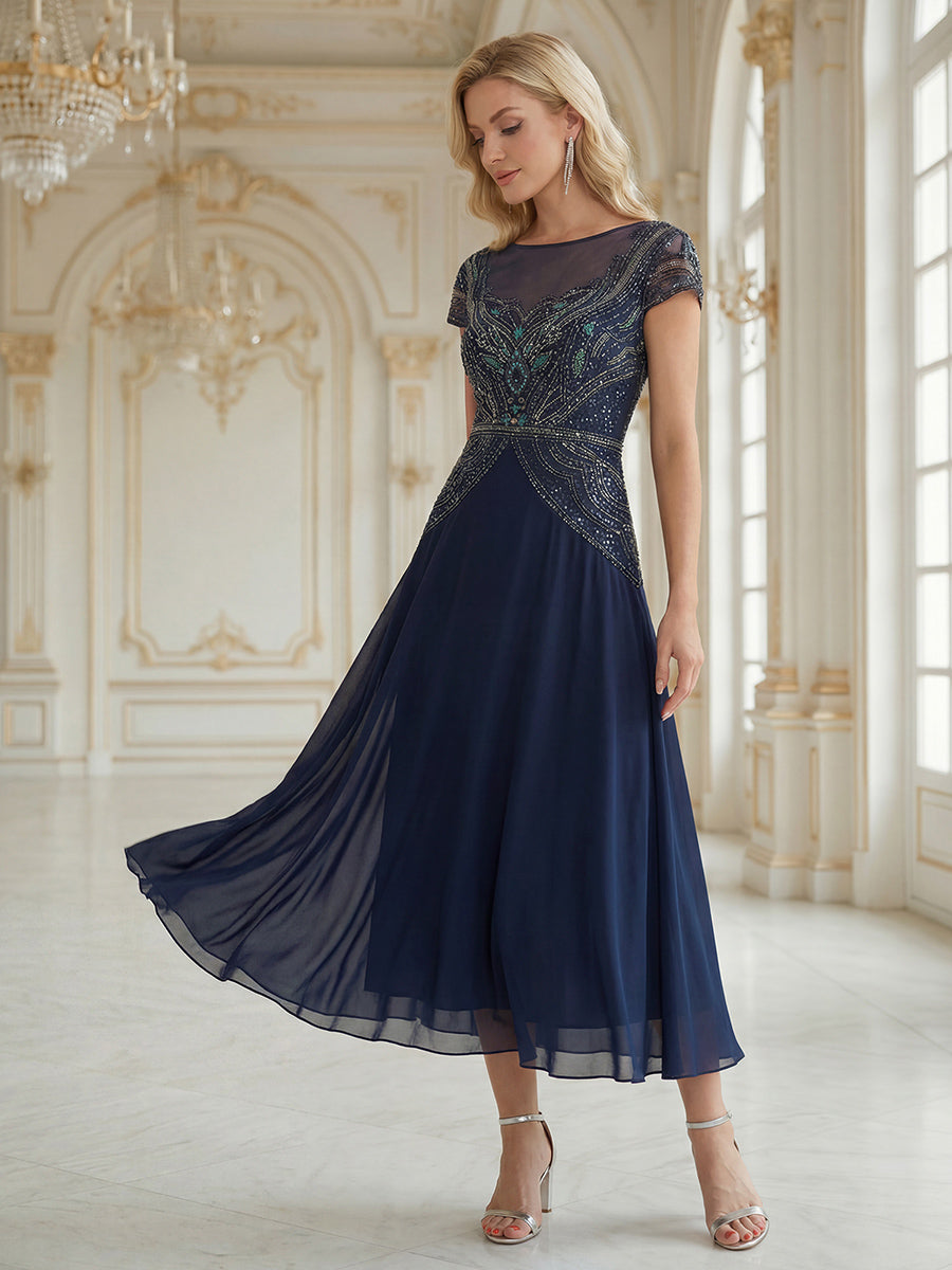 Color=Navy Blue | One Stop Shop Short Sleeves High Stretch Sequin Boat Neck A-Line High-low Wedding Guest Dresses-Navy Blue 6
