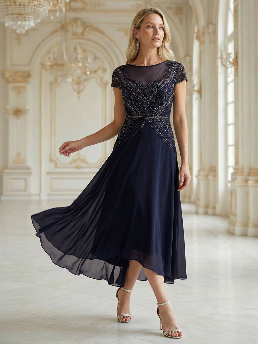 Color=Navy Blue | One Stop Shop Short Sleeves High Stretch Sequin Boat Neck A-Line High-low Wedding Guest Dresses-Navy Blue 7