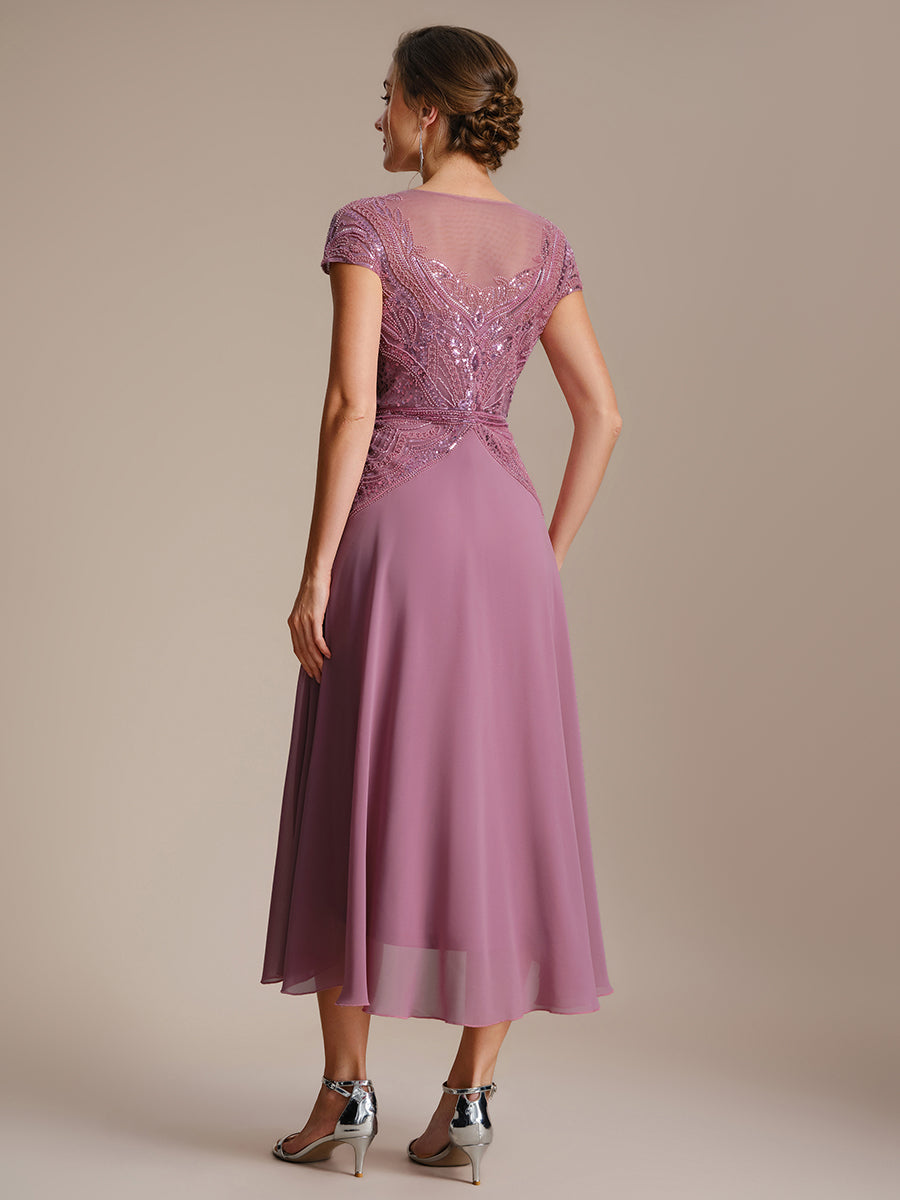 Color=Orchid | One Stop Shop Short Sleeves High Stretch Sequin Boat Neck A-Line High-low Wedding Guest Dresses-Orchid 2