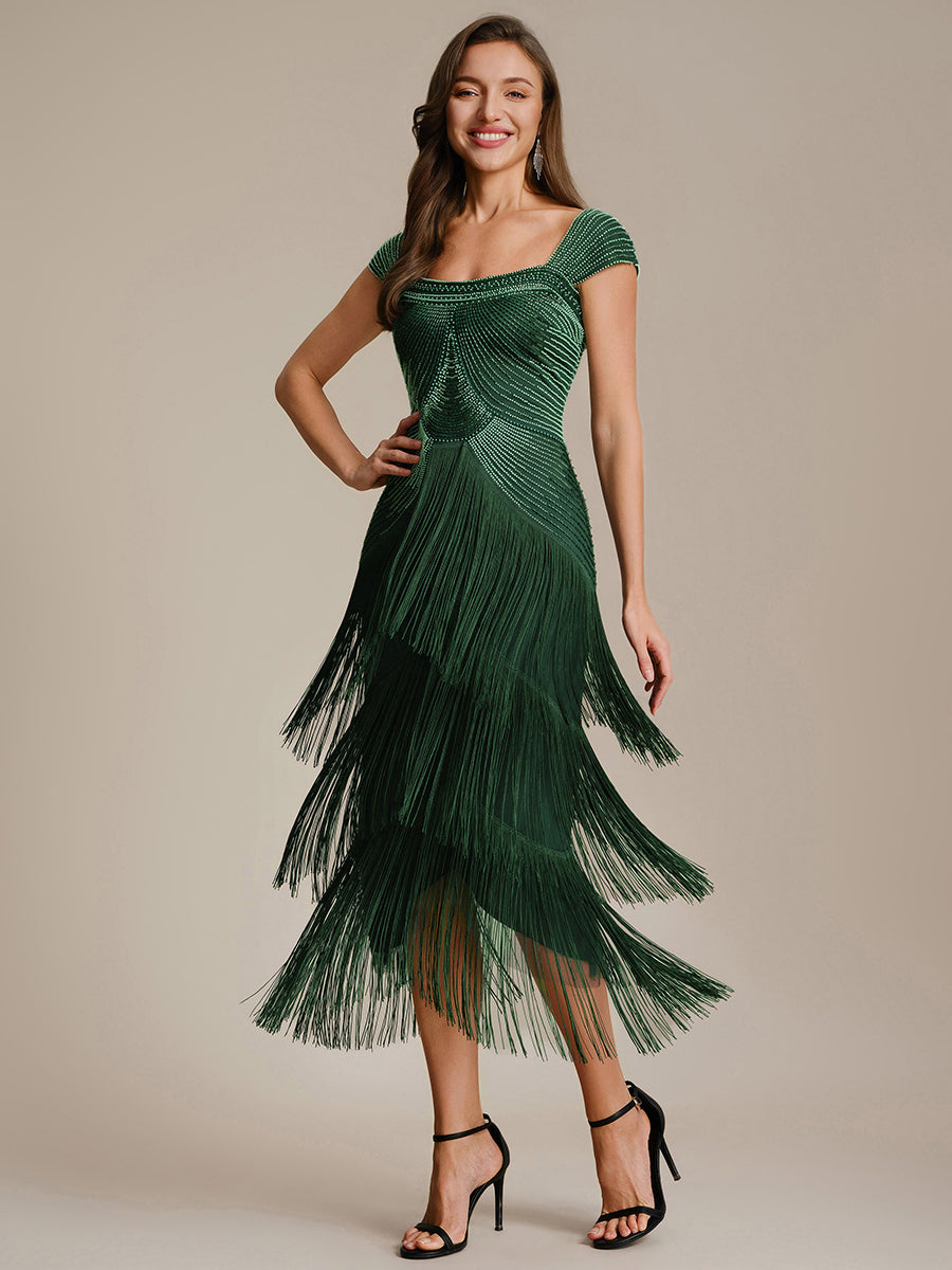 Color=Dark Green | Fast Delivery Sleeveless Square Neck Bodycon Tea Length Beaded Wedding Guest Dresses-Dark Green 11