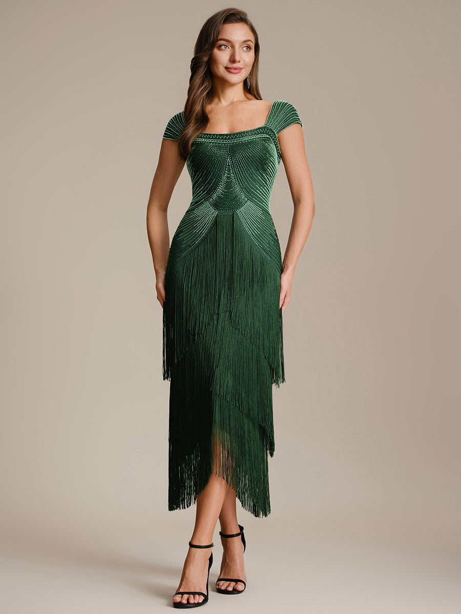 Color=Dark Green | Fast Delivery Sleeveless Square Neck Bodycon Tea Length Beaded Wedding Guest Dresses-Dark Green 15