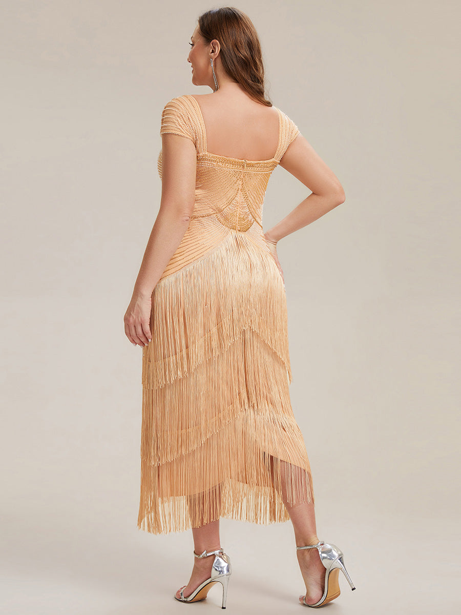 Color=Gold | Fast Delivery Sleeveless Square Neck Bodycon Tea Length Beaded Wedding Guest Dresses-Gold 37