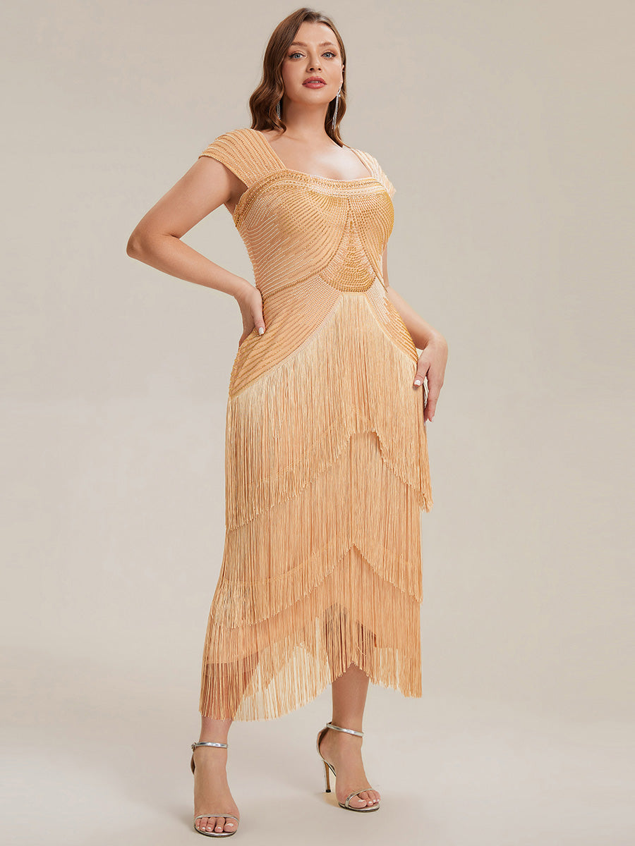 Color=Gold | Fast Delivery Sleeveless Square Neck Bodycon Tea Length Beaded Wedding Guest Dresses-Gold 39