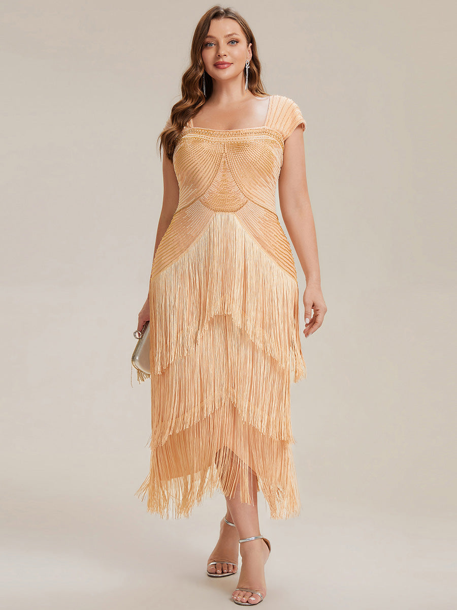 Color=Gold | Fast Delivery Sleeveless Square Neck Bodycon Tea Length Beaded Wedding Guest Dresses-Gold 40