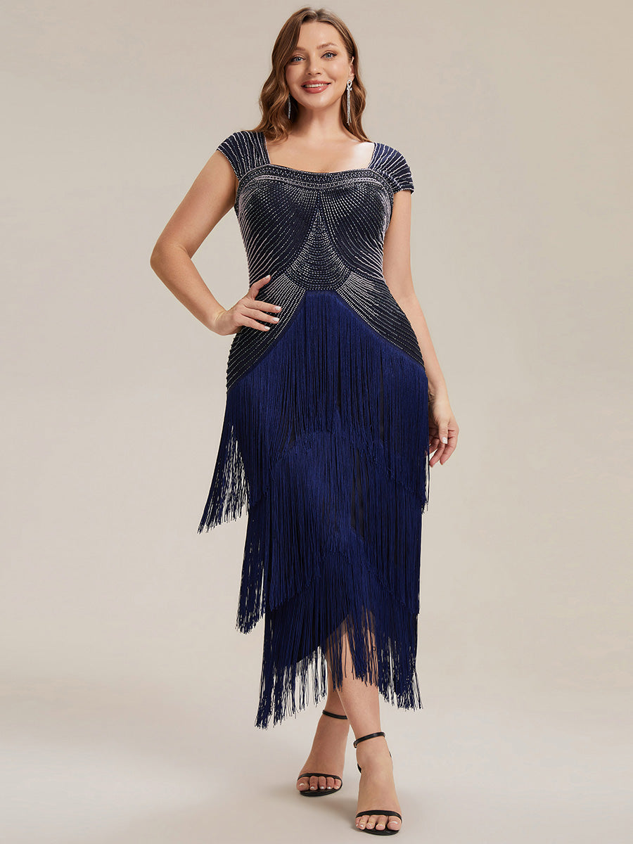Color=Navy Blue | Fast Delivery Sleeveless Square Neck Bodycon Tea Length Beaded Wedding Guest Dresses-Navy Blue 50