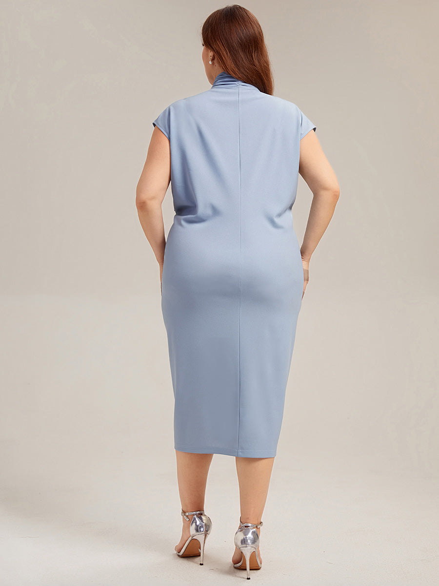 Color=Ice Blue | Volume Discounts Short Sleeves Deep V-Neck Gathered Bodycon Midi Wedding Guest Dresses-Ice Blue 7