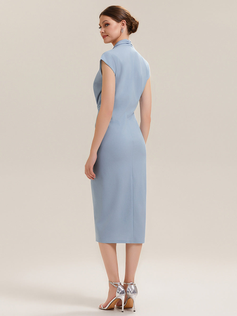 Color=Ice Blue | Volume Discounts Short Sleeves Deep V-Neck Gathered Bodycon Midi Wedding Guest Dresses-Ice Blue 2