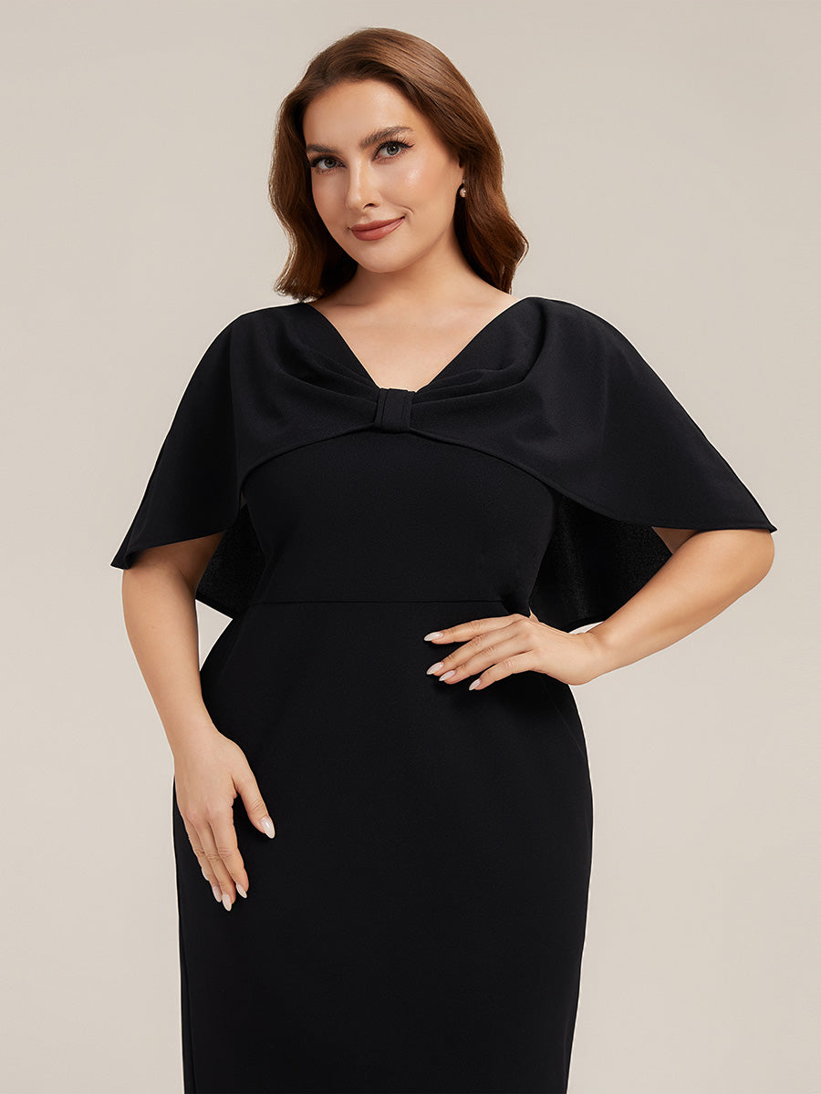 Color=Black | B2B-Exclusive Half Sleeve Shawl Sheath High Stretch Round Neck Knee Length Wedding Guest Dresses-Black 8