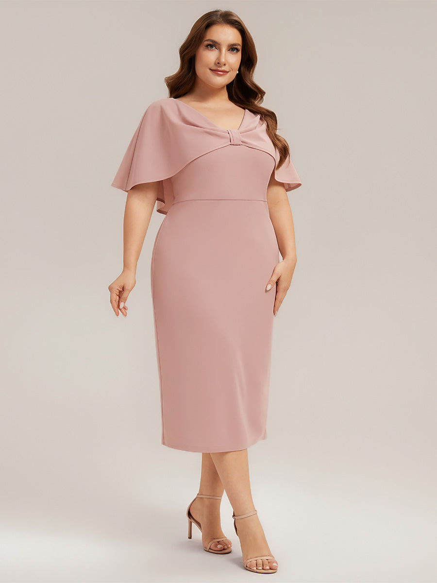 Color=Dusty Rose | B2B-Exclusive Half Sleeve Shawl Sheath High Stretch Round Neck Knee Length Wedding Guest Dresses-Dusty Rose 19