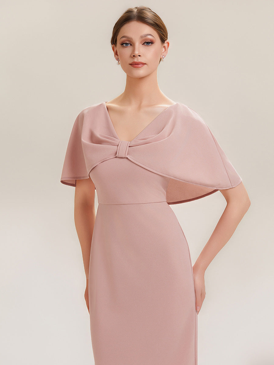 Color=Dusty Rose | B2B-Exclusive Half Sleeve Shawl Sheath High Stretch Round Neck Knee Length Wedding Guest Dresses-Dusty Rose 13