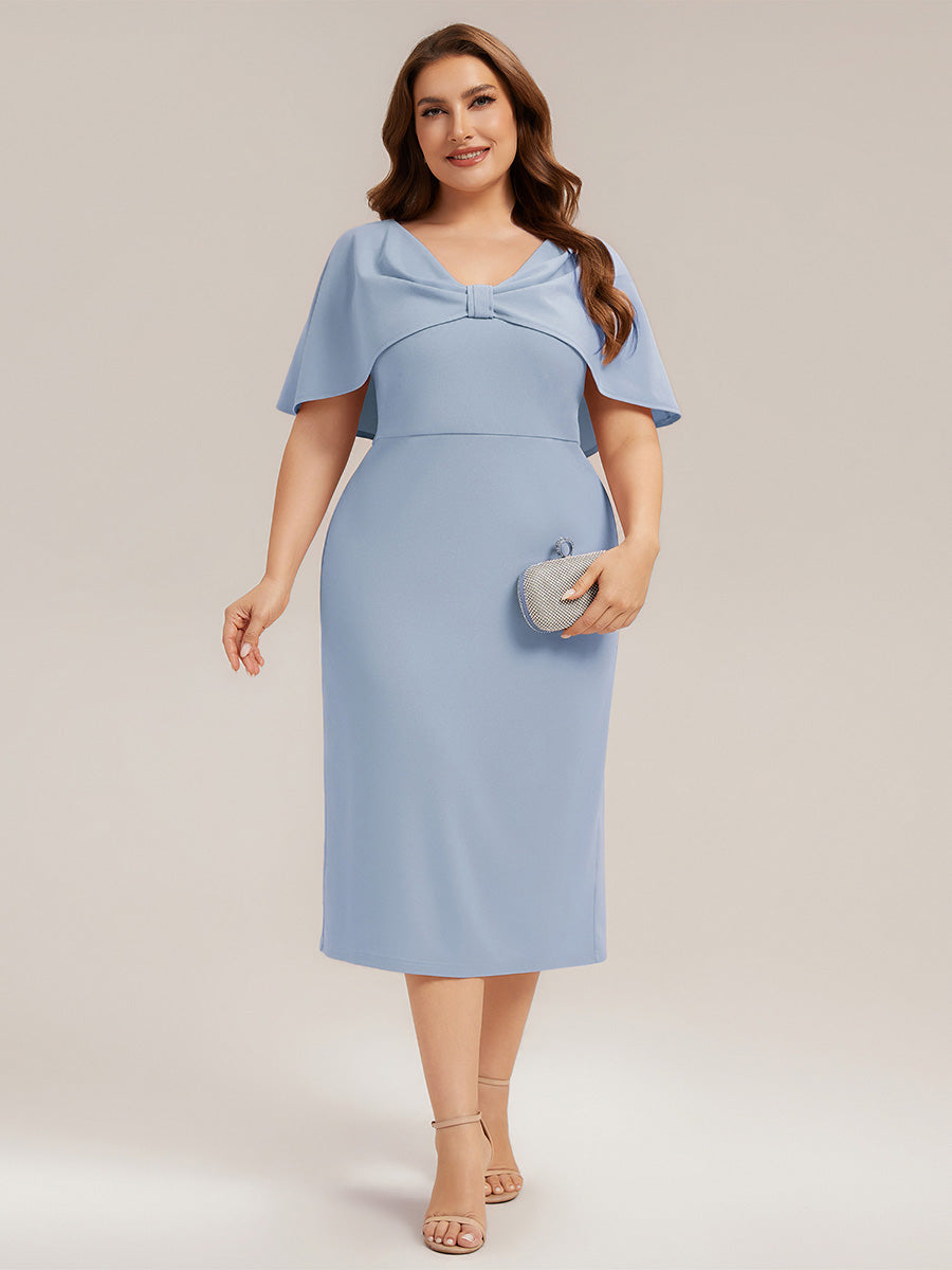 Color=Ice Blue | Wholesale Half Sleeve V-Neck High Stretch Sheath Midi Wedding Guest Dresses-Ice Blue 6