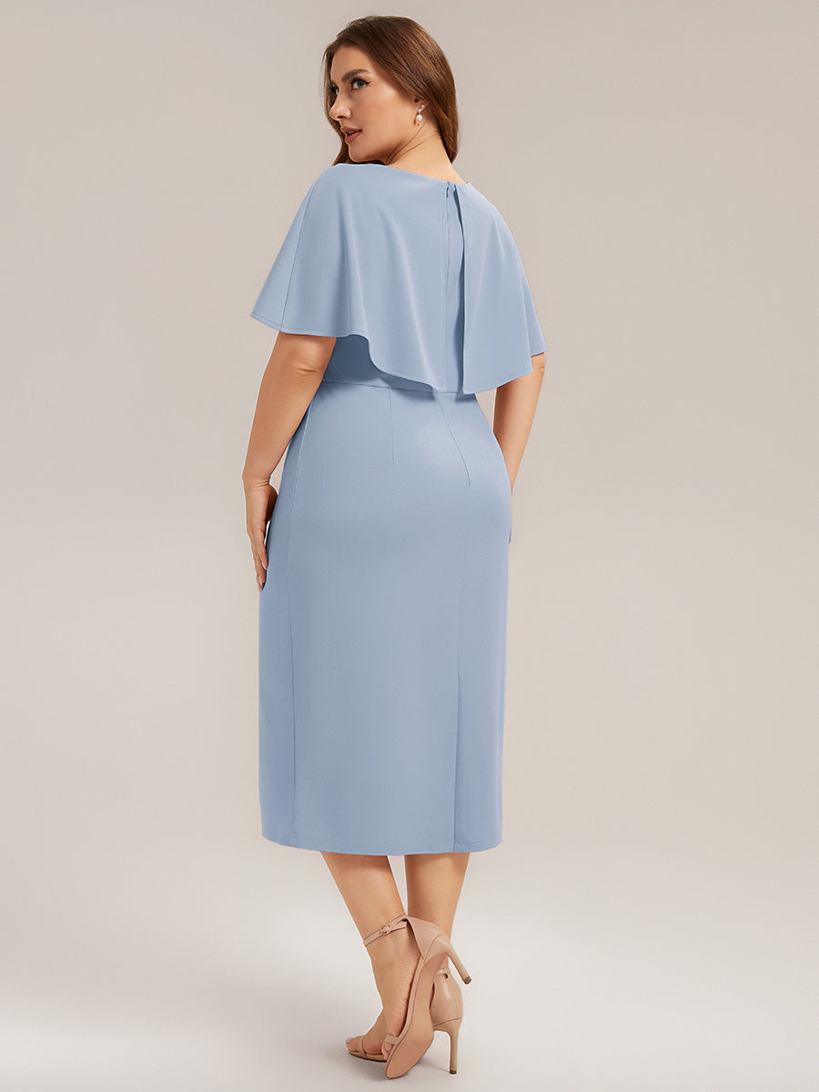 Color=Ice Blue | Wholesale Half Sleeve V-Neck High Stretch Sheath Midi Wedding Guest Dresses-Ice Blue 7