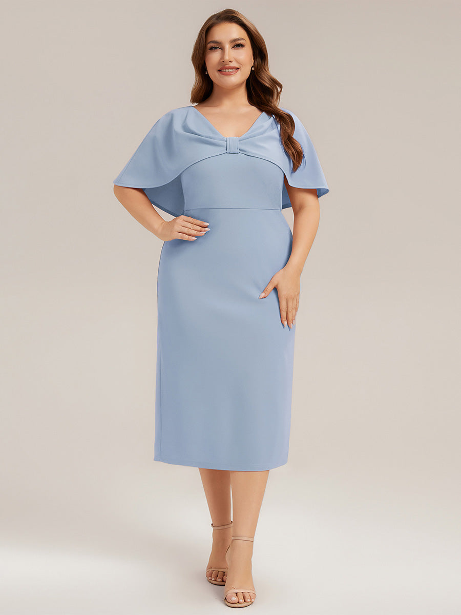 Color=Ice Blue | Wholesale Half Sleeve V-Neck High Stretch Sheath Midi Wedding Guest Dresses-Ice Blue 10
