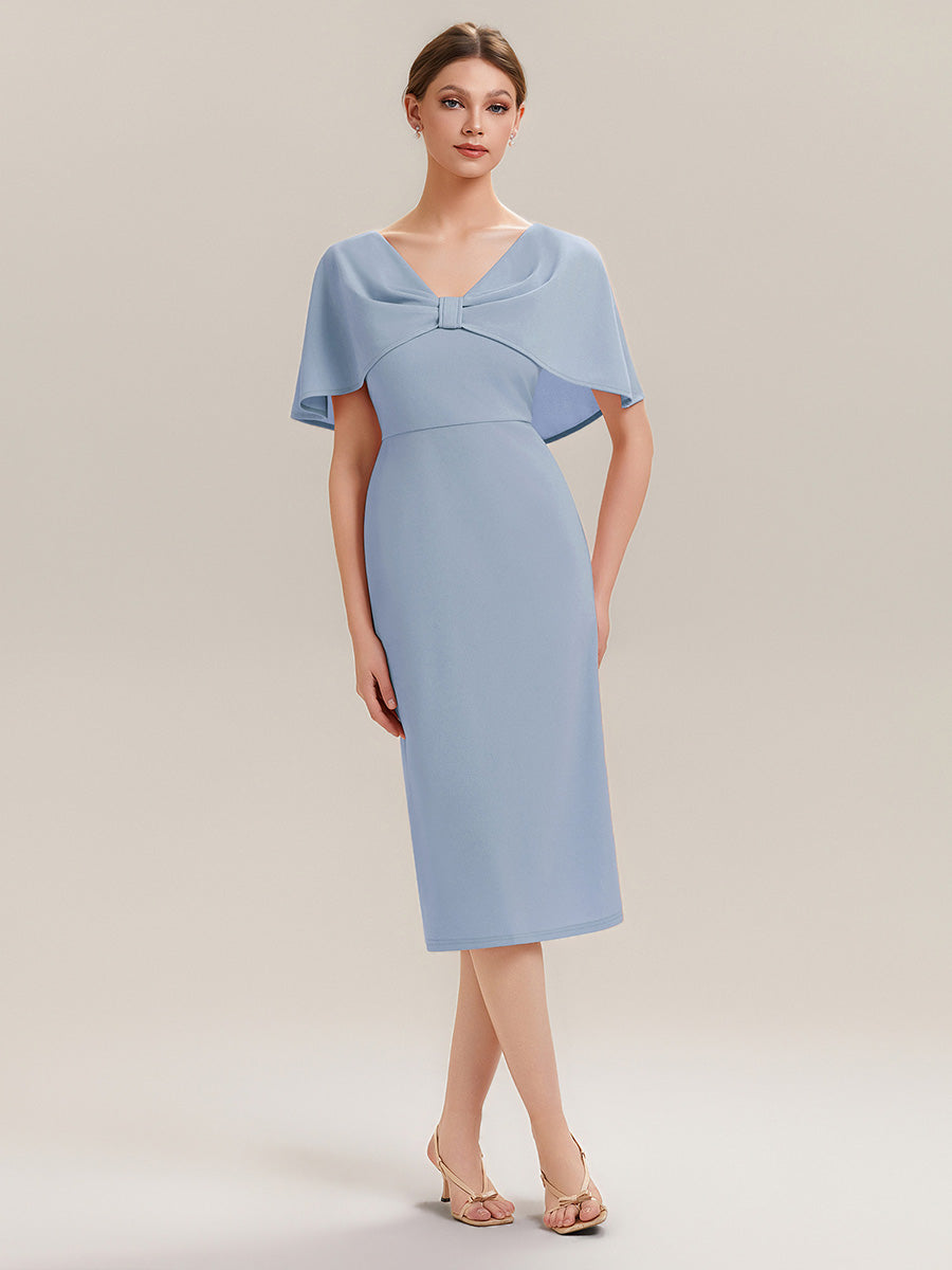 Color=Ice Blue | Wholesale Half Sleeve V-Neck High Stretch Sheath Midi Wedding Guest Dresses-Ice Blue 1
