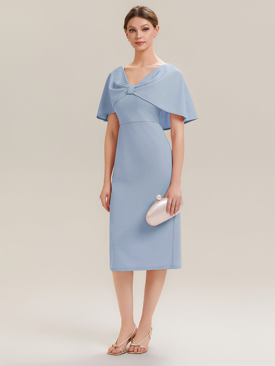 Color=Ice Blue | Wholesale Half Sleeve V-Neck High Stretch Sheath Midi Wedding Guest Dresses-Ice Blue 5
