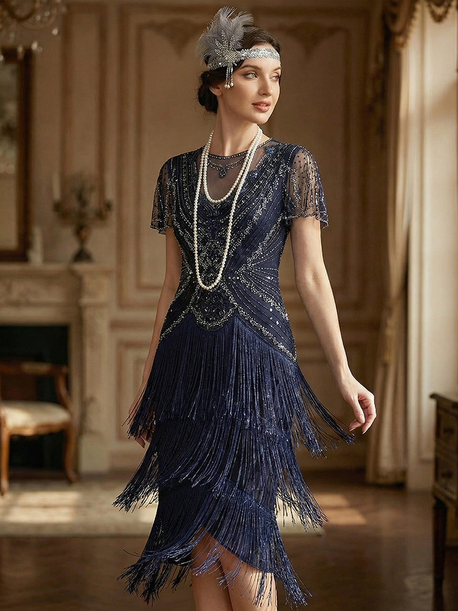 Color=Navy Blue | Factory Design Short Sleeve Ruffle Sequin Round Neck Tiered Midi Wedding Guest Dresses-Navy Blue 11