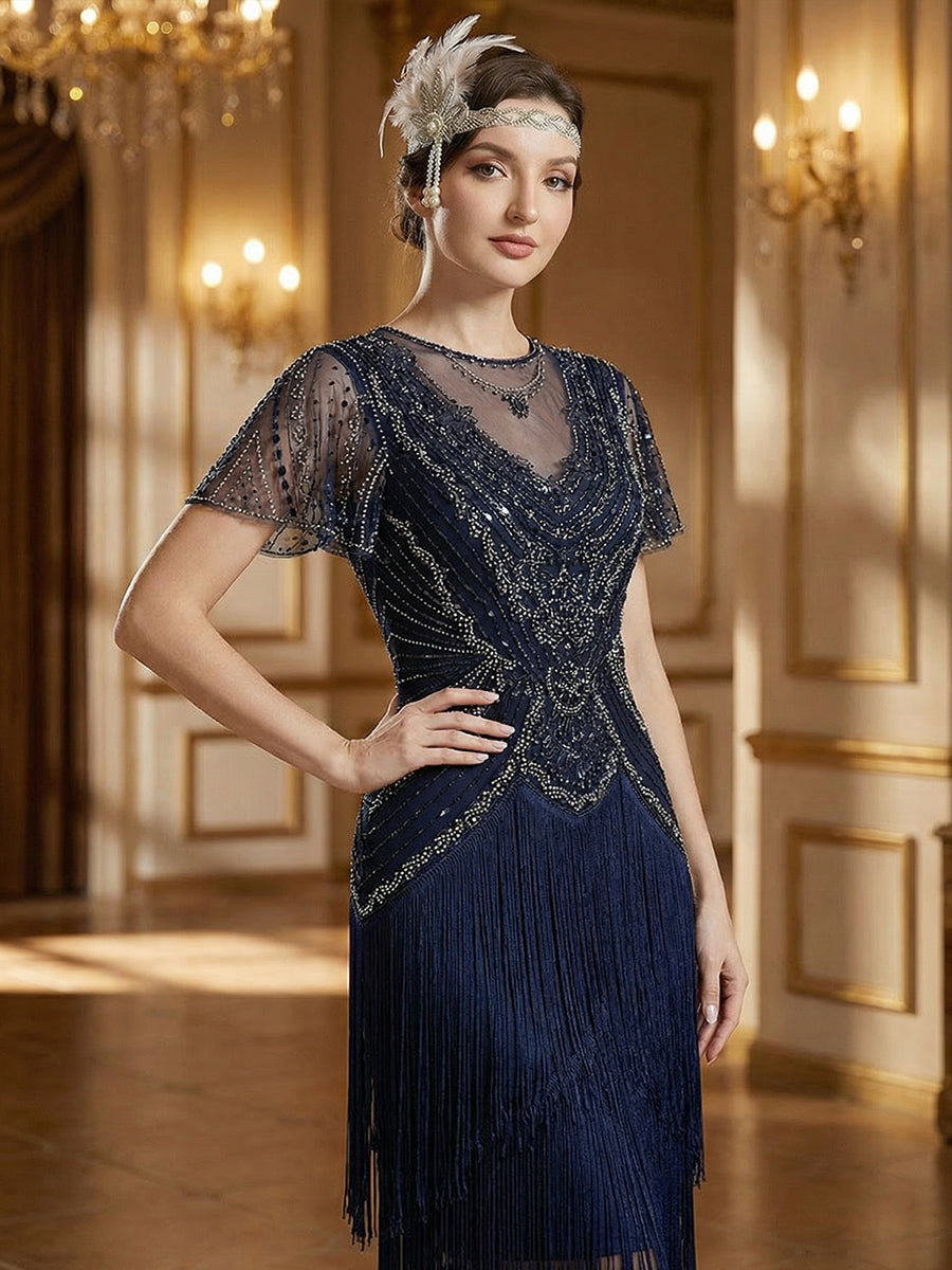 Color=Navy Blue | Factory Design Short Sleeve Ruffle Sequin Round Neck Tiered Midi Wedding Guest Dresses-Navy Blue 12