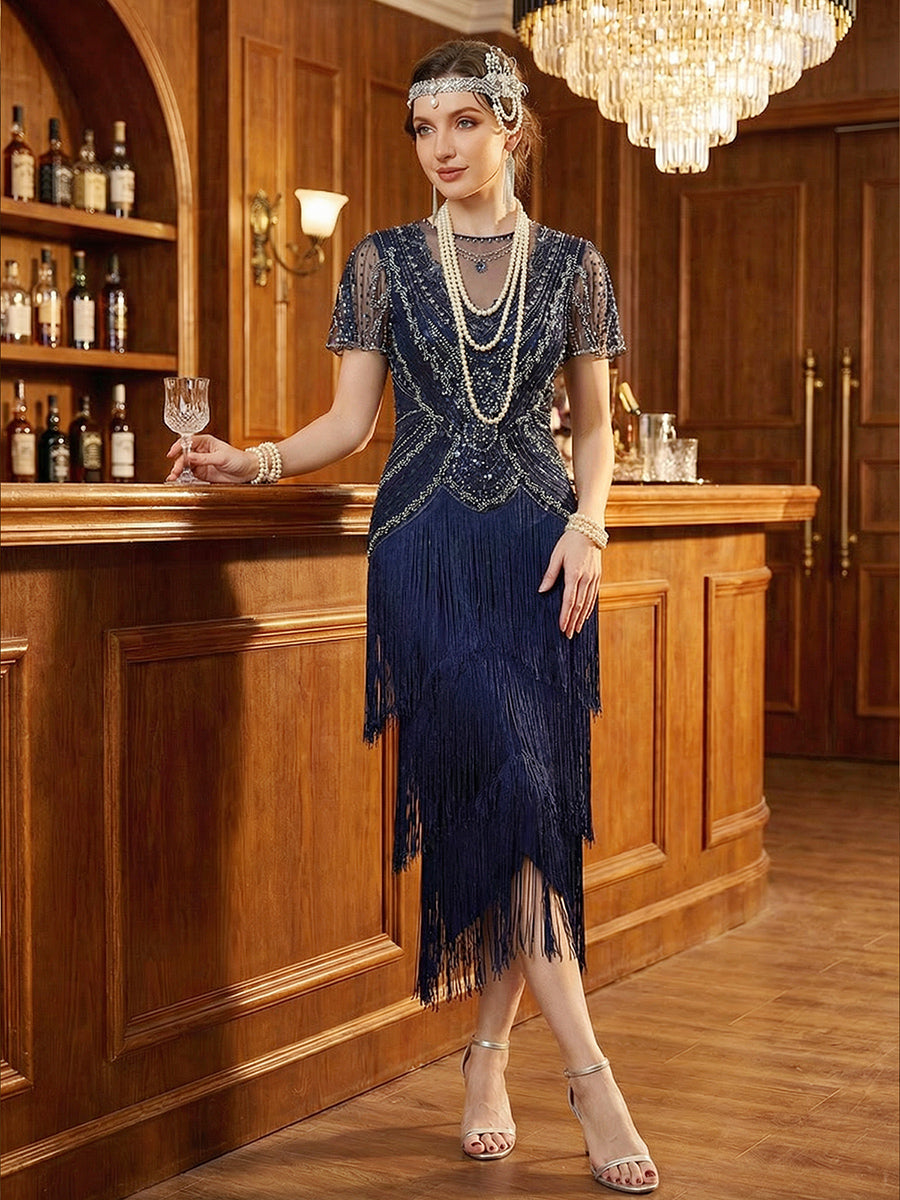 Color=Navy Blue | Factory Design Short Sleeve Ruffle Sequin Round Neck Tiered Midi Wedding Guest Dresses-Navy Blue 13
