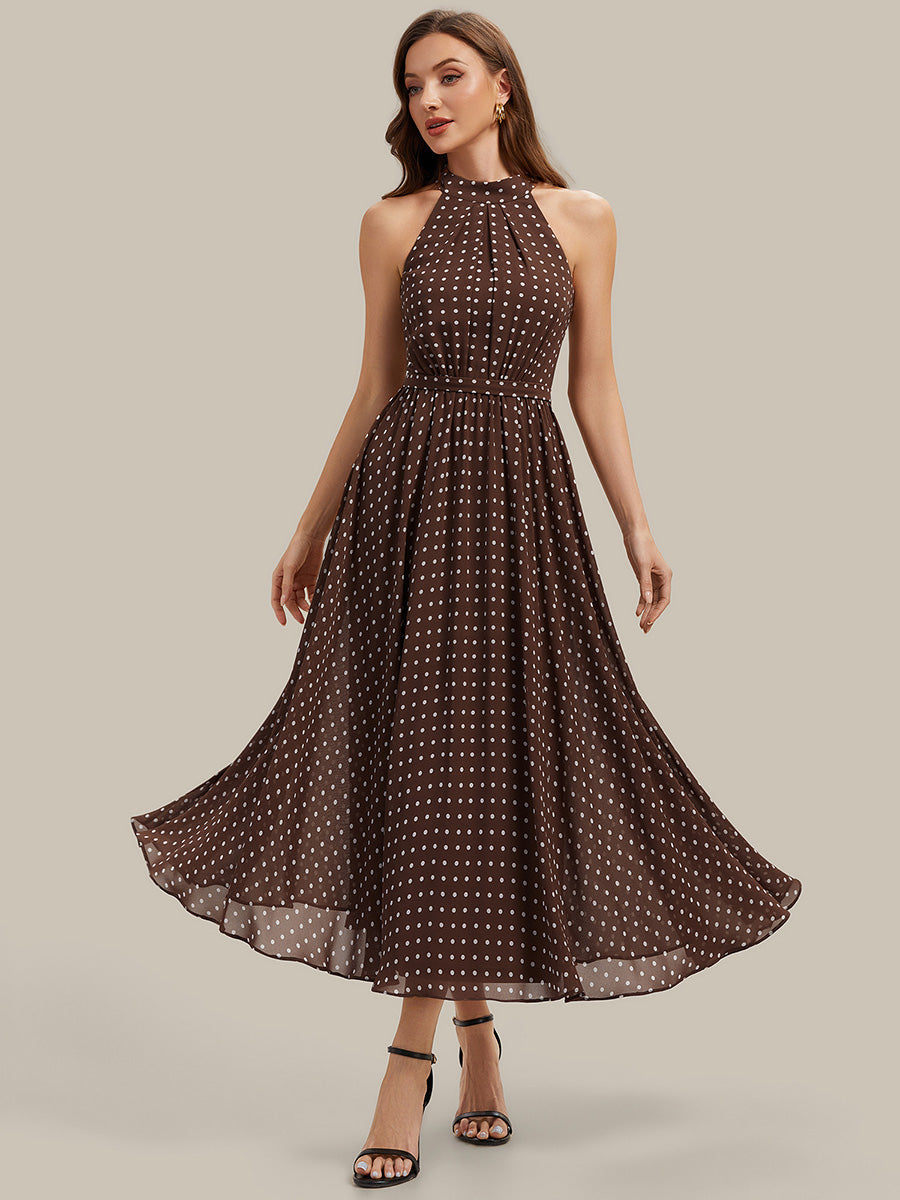 Color=Brown polka dots | Fast Delivery Sleeveless Halter Neck Pleated A-Line Midi Polka Dot Wedding Guest Dresses-Brown polka dots 1