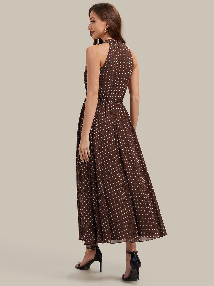 Color=Brown polka dots | Fast Delivery Sleeveless Halter Neck Pleated A-Line Midi Polka Dot Wedding Guest Dresses-Brown polka dots 2