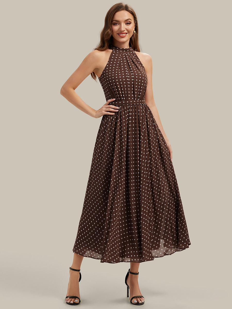 Color=Brown polka dots | Fast Delivery Sleeveless Halter Neck Pleated A-Line Midi Polka Dot Wedding Guest Dresses-Brown polka dots 4