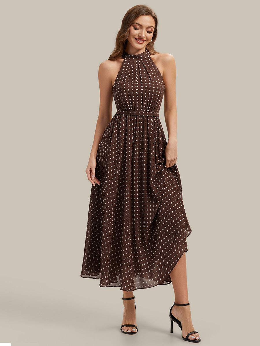 Color=Brown polka dots | Fast Delivery Sleeveless Halter Neck Pleated A-Line Midi Polka Dot Wedding Guest Dresses-Brown polka dots 5