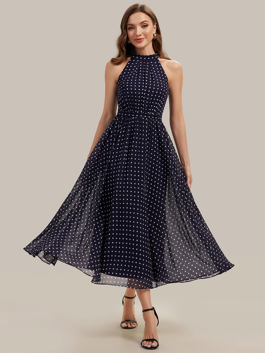 Color=Navy blue polka dots | Fast Delivery Sleeveless Halter Neck Pleated A-Line Midi Polka Dot Wedding Guest Dresses-Navy blue polka dots 6