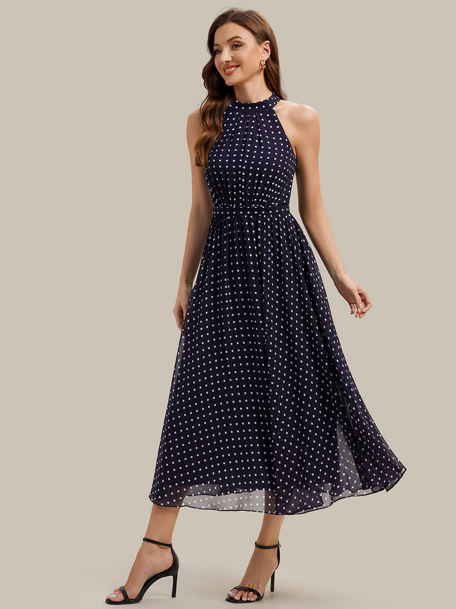 Color=Navy blue polka dots | Fast Delivery Sleeveless Halter Neck Pleated A-Line Midi Polka Dot Wedding Guest Dresses-Navy blue polka dots 10