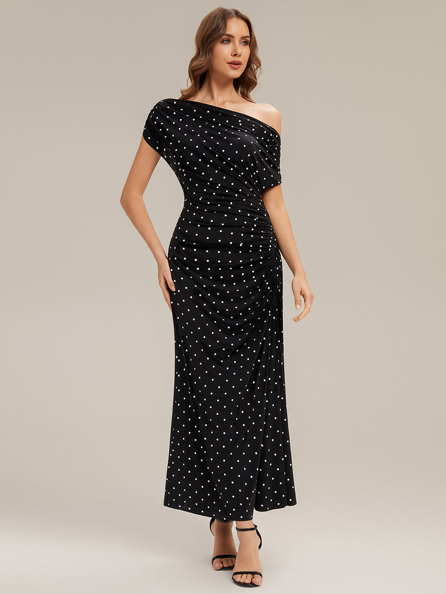 Color=Black polka dot | Wholesale Pricing Short Sleeves Asymmetrical Polka Dot Sheath Maxi Wedding Guest Dresses-Black polka dot 1