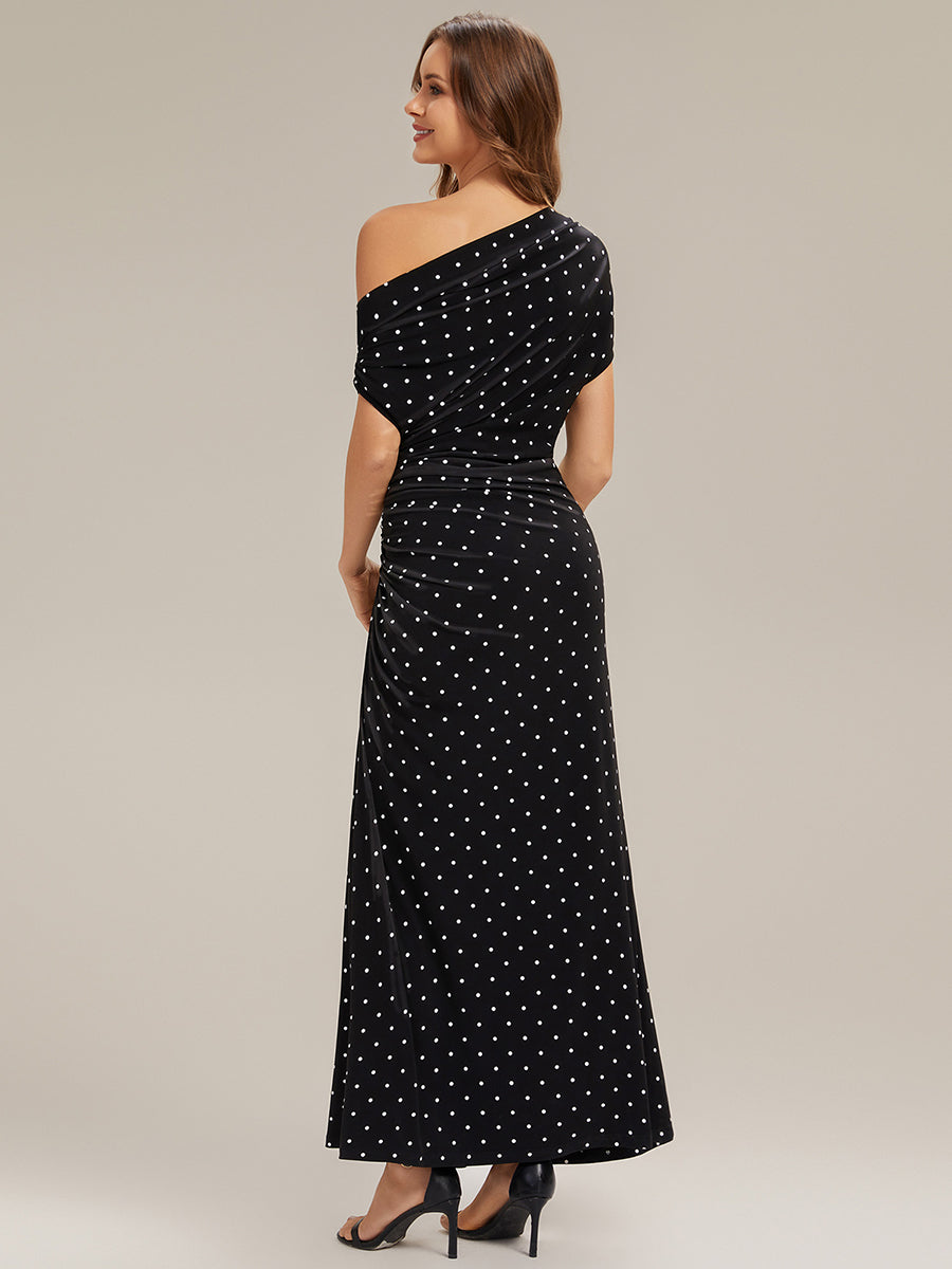 Color=Black polka dot | Wholesale Pricing Short Sleeves Asymmetrical Polka Dot Sheath Maxi Wedding Guest Dresses-Black polka dot 2
